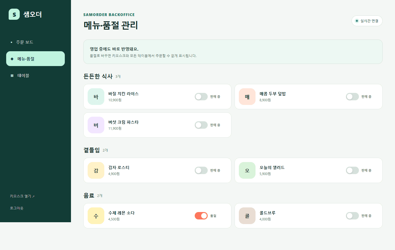 메뉴·품절 관리 화면. 메뉴마다 판매 중/품절 스위치가 있다